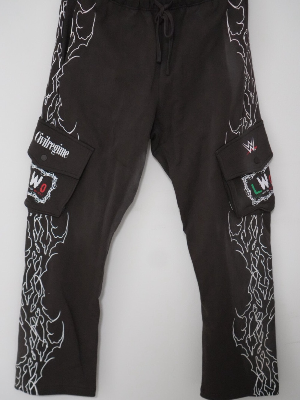 WWE x Civil Regime LWO Black Cargo Joggers with White Flame Print